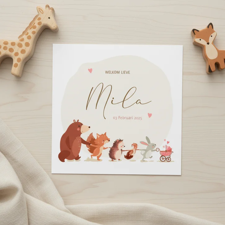 Geboortekaartje dieren uit het bos met kinderwagen