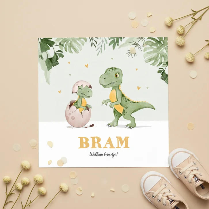 Geboortekaartje dino broertje jungle hartjes waterverf
