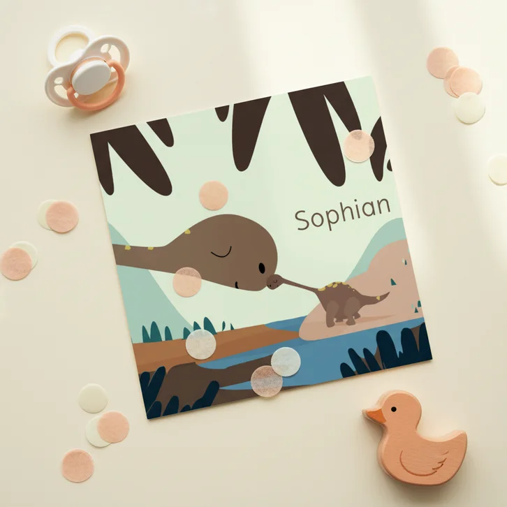 Geboortekaartje Dino/ ouder met kind illustratie