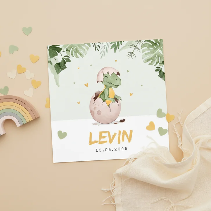 Geboortekaartje dino t-rex jungle hartjes waterverf