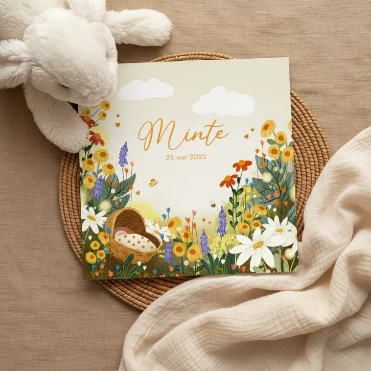 Geboortekaartje dochter met kleurrijke bloemen en vlindertje