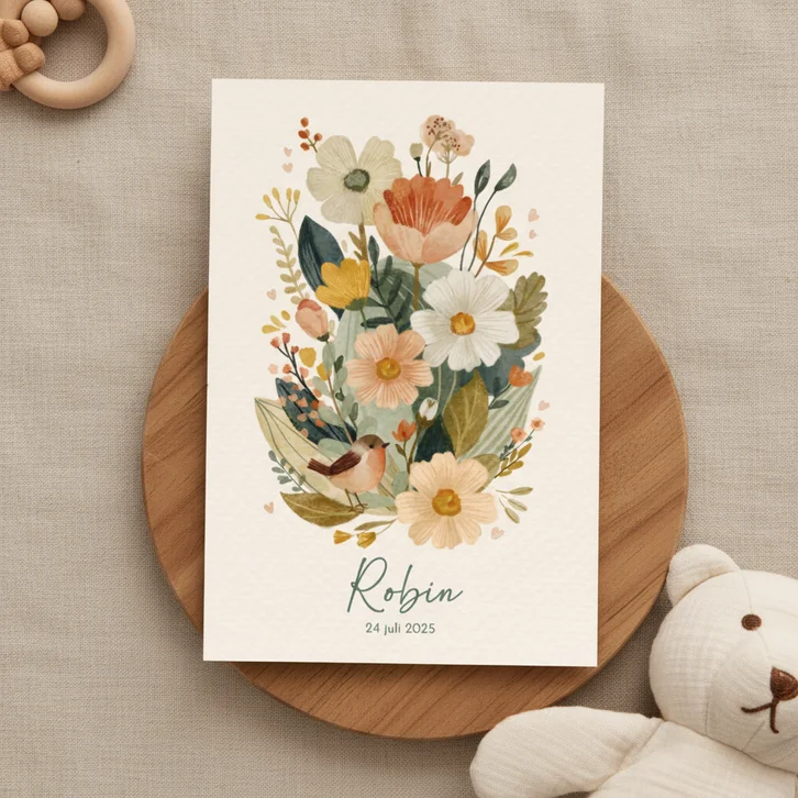 Geboortekaartje dochter met stijlvolle bloemen en vogeltje