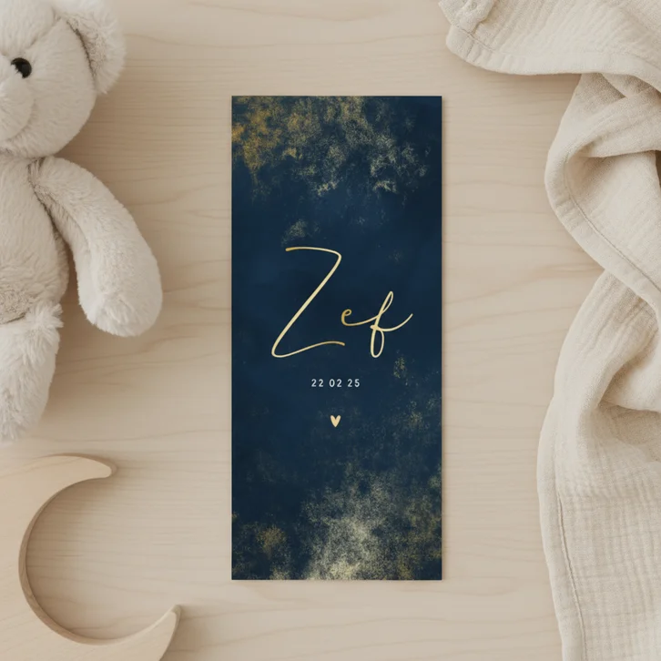 Geboortekaartje donkerblauwe waterverf gouden poeder