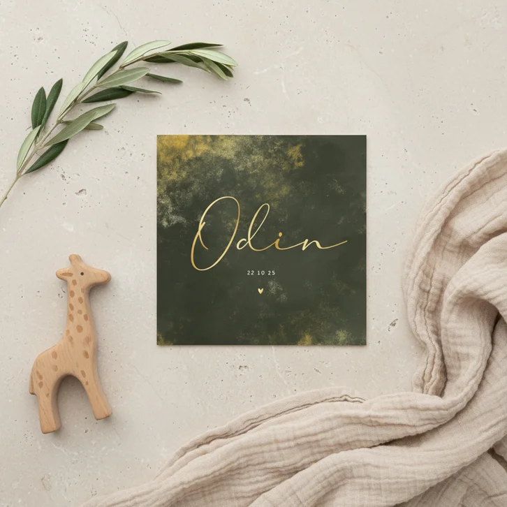 Geboortekaartje donkergroene waterverf gouden poeder