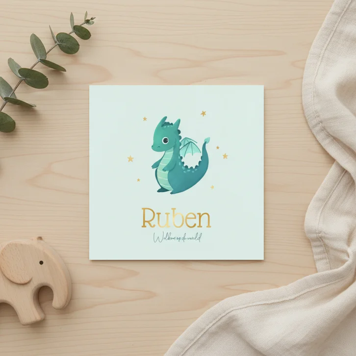 Geboortekaartje draakje sterretjes goud jongen