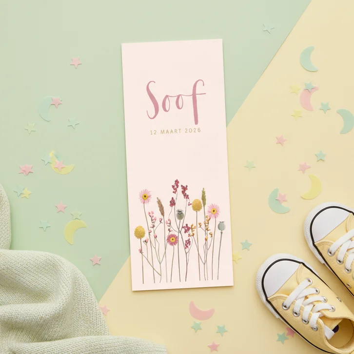 Geboortekaartje droogbloemen roze