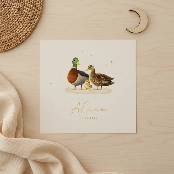 Geboortekaartje eenden papa mama kindje hartjes goud