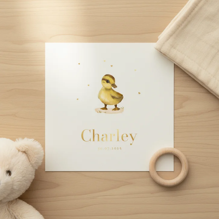 Geboortekaartje eendje kuiken lief goud hartjes stijlvol