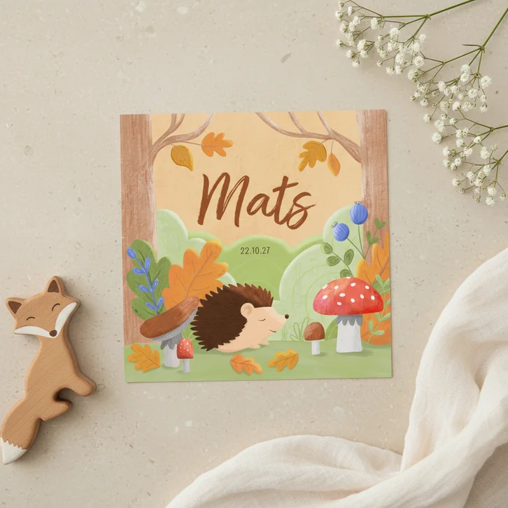 Geboortekaartje egel paddenstoelen en bladeren in het bos