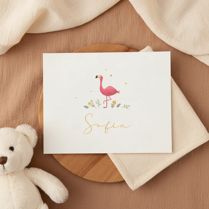 Geboortekaartje flamingo minimalistisch hartjes goud bloemen