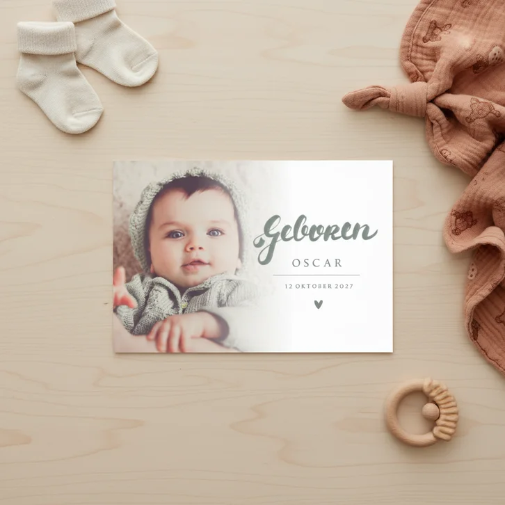 Geboortekaartje foto en handlettering grijsgroen