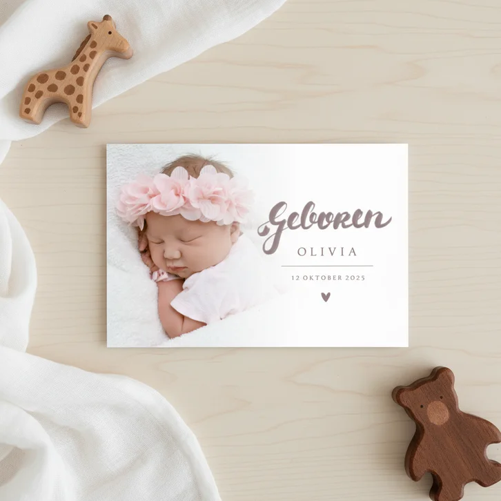 Geboortekaartje foto en handlettering oudroze