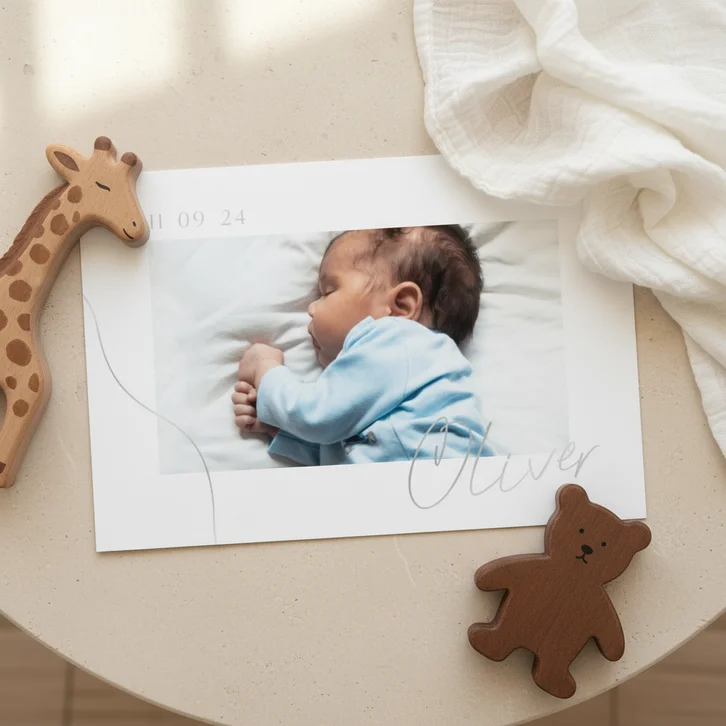 Geboortekaartje foto en zilverfolie lijn