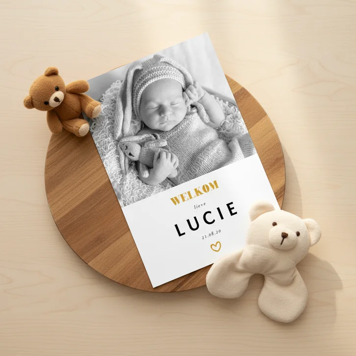 Geboortekaartje foto gouden accenten en  staand