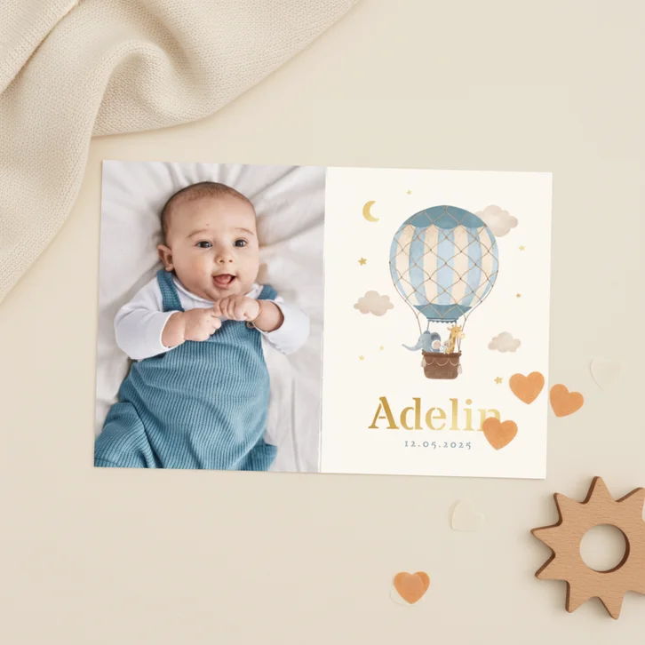 Geboortekaartje foto luchtballon dieren vintage sterren