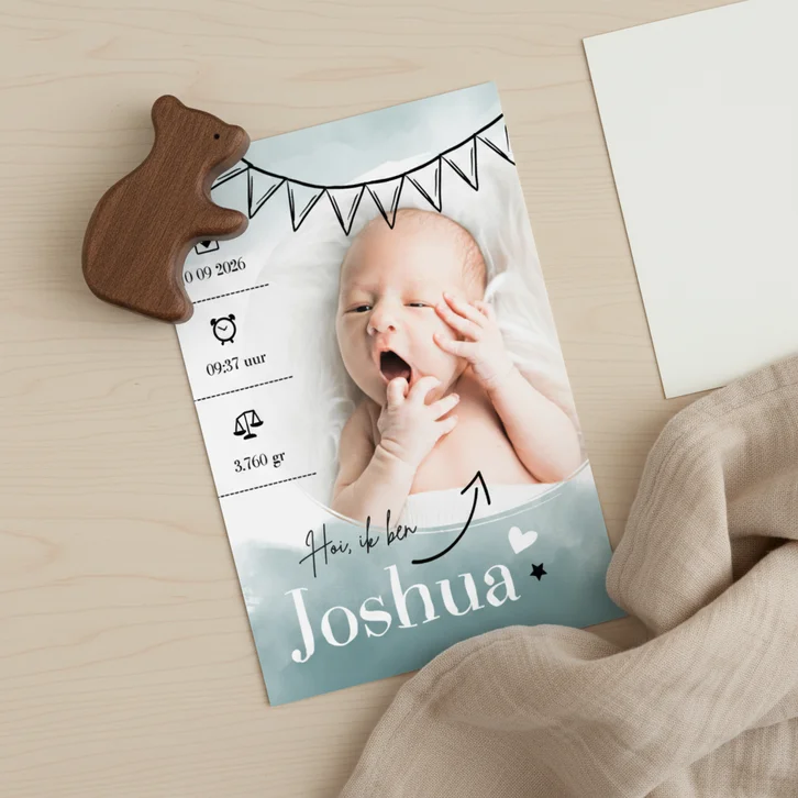 Geboortekaartje foto turquoise waterverf & slinger