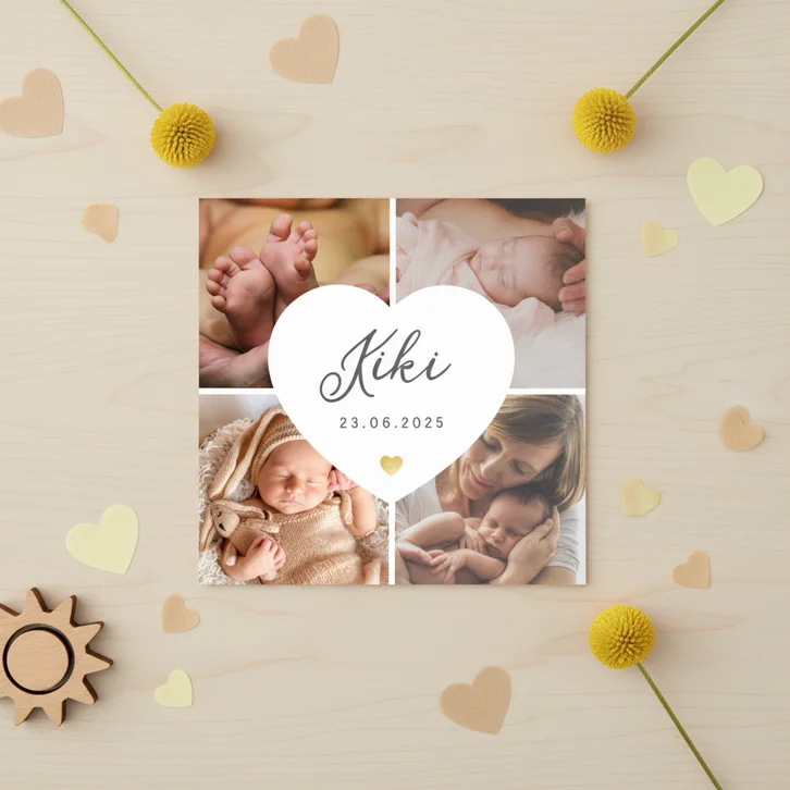 Geboortekaartje fotocollage 4 foto's met wit hart en naam