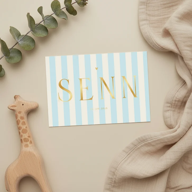 Geboortekaartje gestreept blauw beige goudfolie