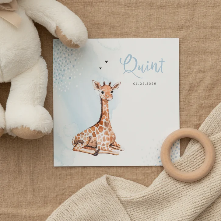 Geboortekaartje giraf hartjes blauw waterverf