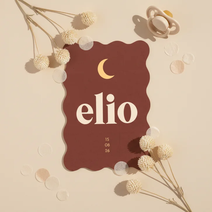 Geboortekaartje golvend roestbruin met maan