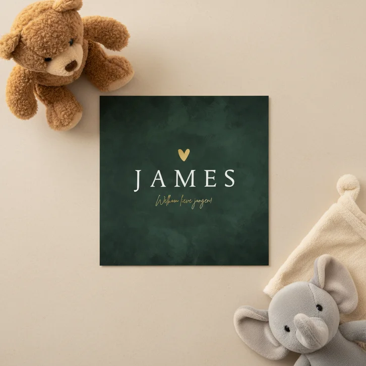 Geboortekaartje groen stijlvol goud hartje jongen