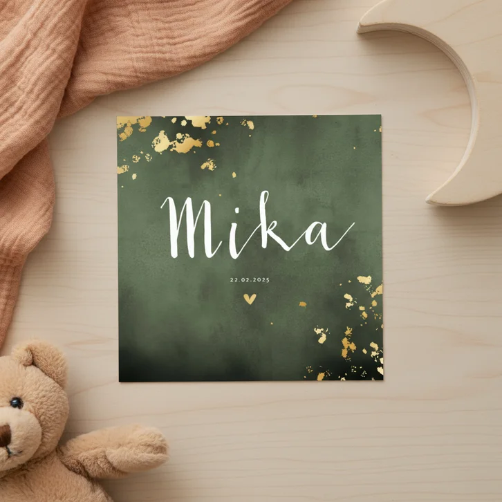 Geboortekaartje groene waterverf gouden spetters