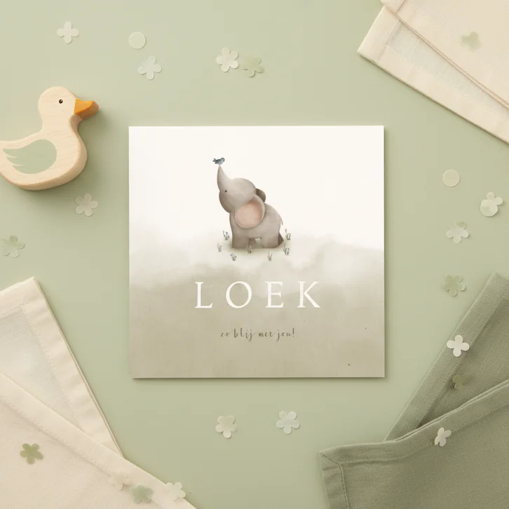 Geboortekaartje groene waterverf lief olifantje