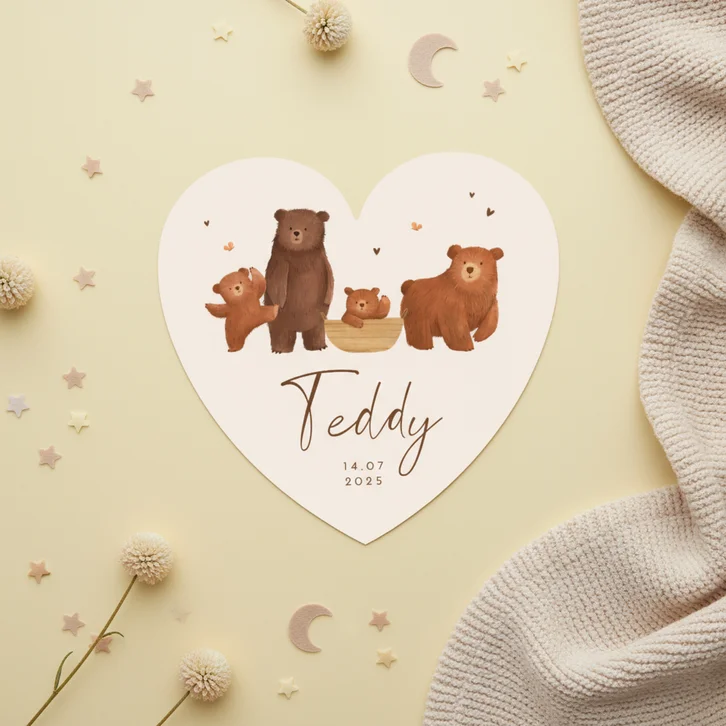 Geboortekaartje hartvorm dieren beren familie broertje zusje
