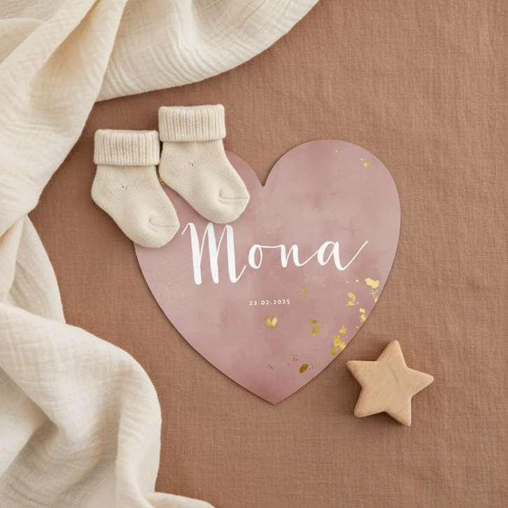 Geboortekaartje hartvorm oud roze waterverf gouden spetters