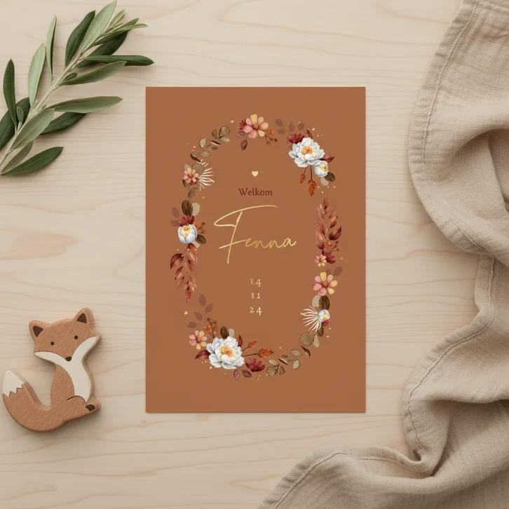 Geboortekaartje herfst bloemen klassiek stijlvol goud hartje