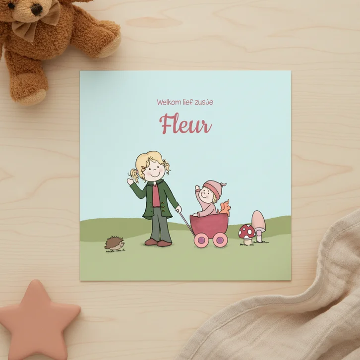 Geboortekaartje herfst meisje met zusje bolderkar