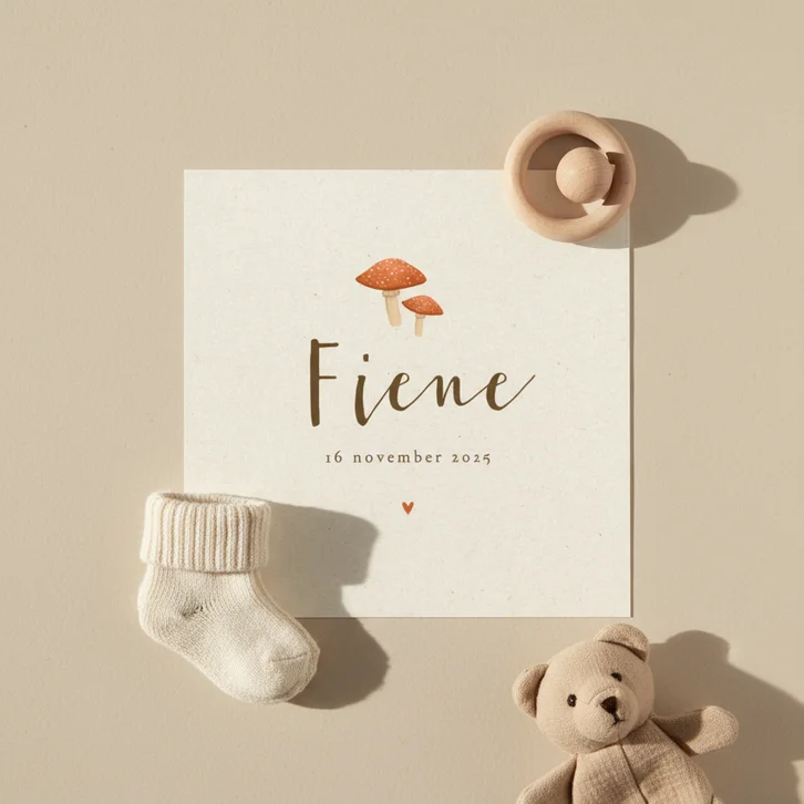 Geboortekaartje herfst paddestoelen papierstructuur hartje