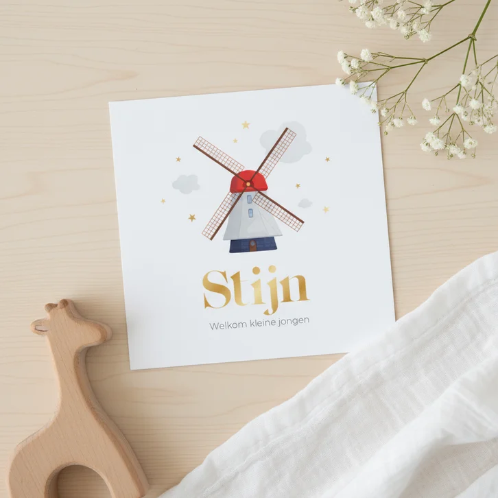 Geboortekaartje Hollandse molen gouden sterretjes