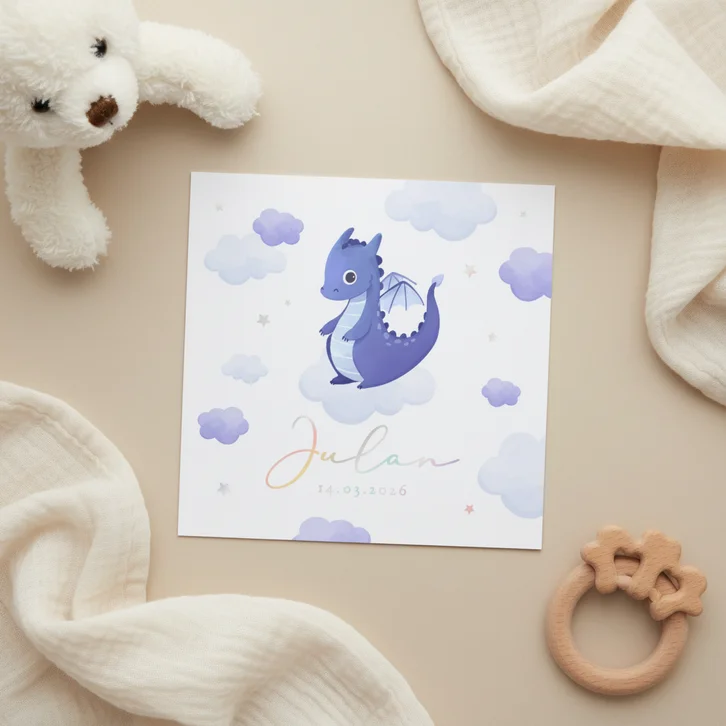 Geboortekaartje holografisch draakje wolken sterren