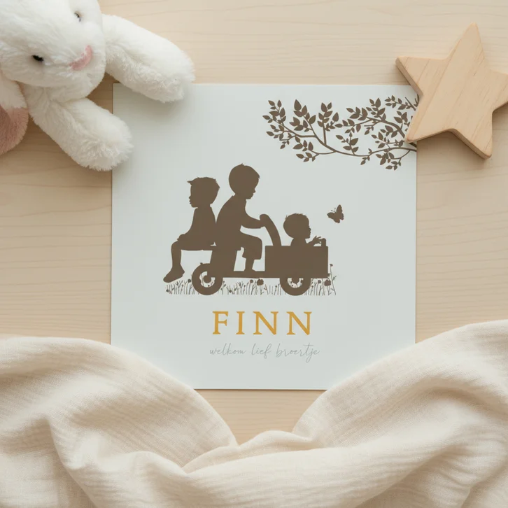Geboortekaartje houten bakfietsje met broertjes