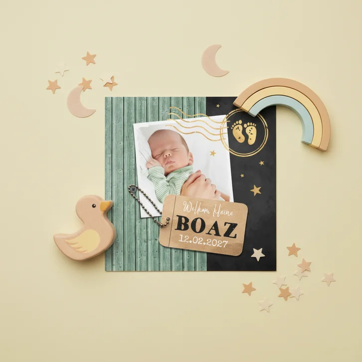 Geboortekaartje houtlook foto label stempel goud groen