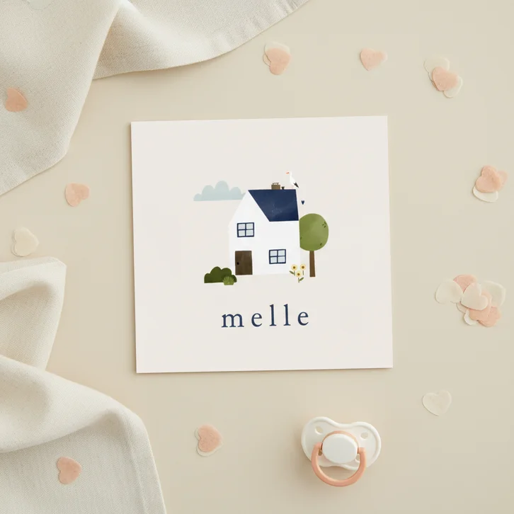 Geboortekaartje huisje tuintje ooievaar illustratie neutraal