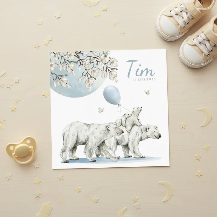 Geboortekaartje ijsbeer familie onder de maan en bloemen