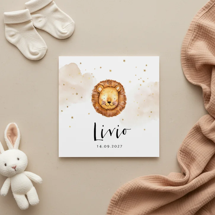 Geboortekaartje illustratie watercolor leeuw sterren goud