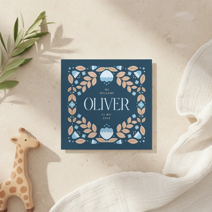 Geboortekaartje in blauw met illustratief bloemenkader 