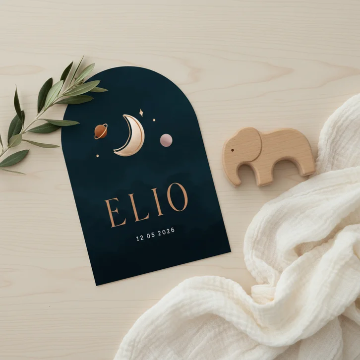 Geboortekaartje in boogvorm minimalistisch maan en planeten