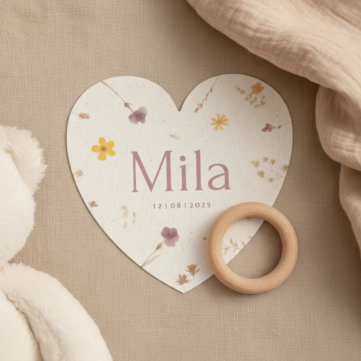 Geboortekaartje in de vorm van hartje met droog bloemetjes