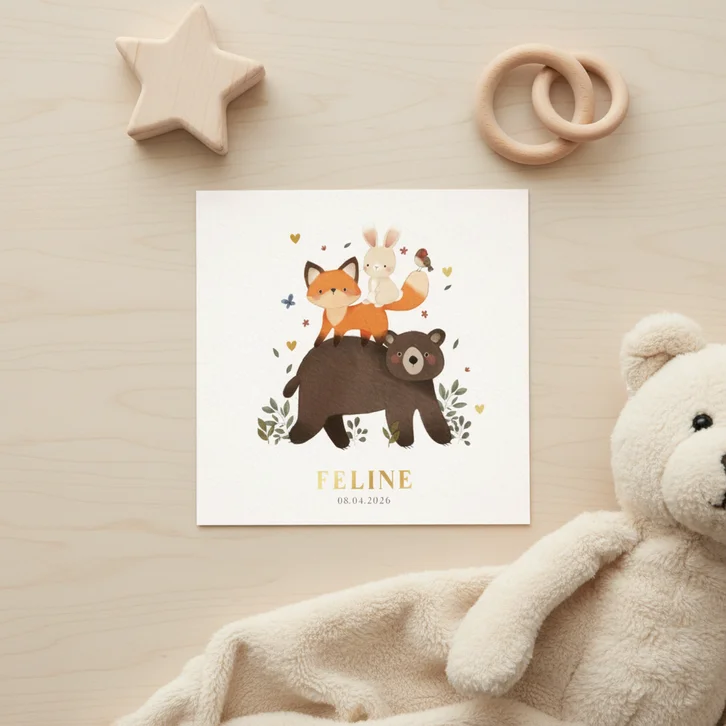 Geboortekaartje in het bos beer vos konijn vogel & hartjes