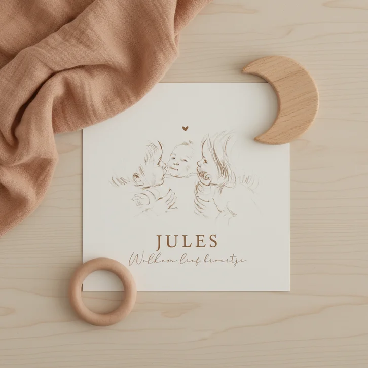 Geboortekaartje in sepia pentekening derde kindje