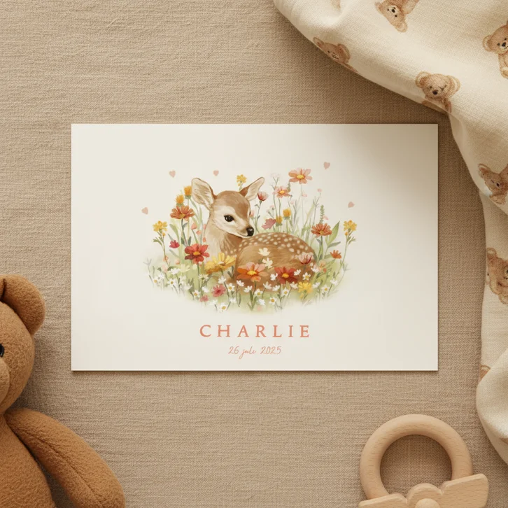 Geboortekaartje jong hertje tussen de bloemen