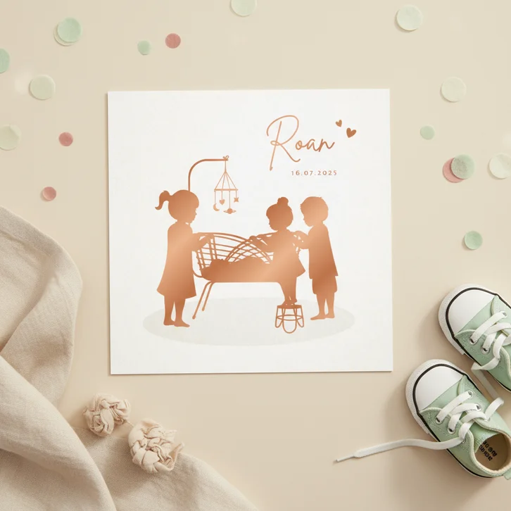  Geboortekaartje jongen 4e kindje met wiegje en zus en broer