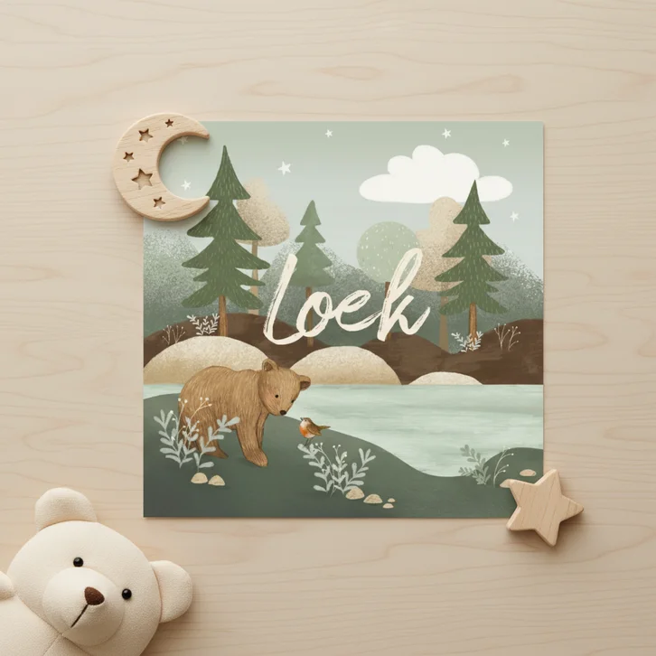 Geboortekaartje jongen beer roodborstje in de bergen