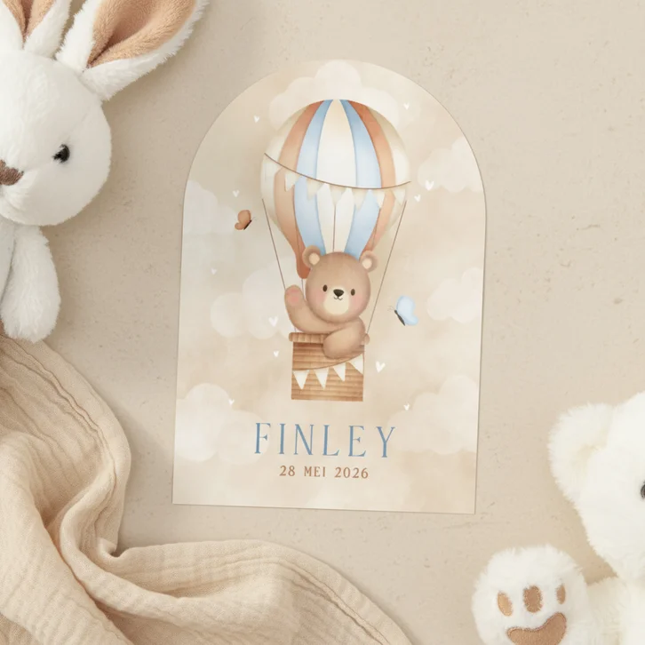 Geboortekaartje jongen beertje luchtballon vlinders & wolken