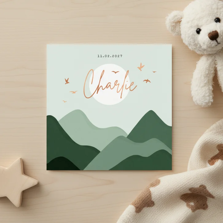 Geboortekaartje jongen bergen natuur maan vogeltjes koper
