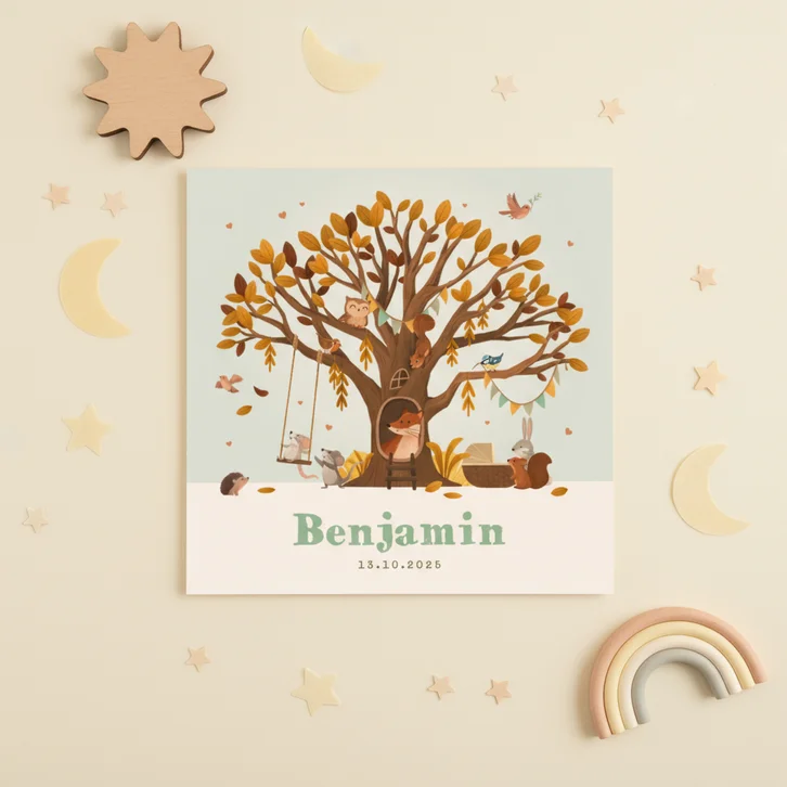 Geboortekaartje jongen boom bosdieren wiegje hartjes herfst